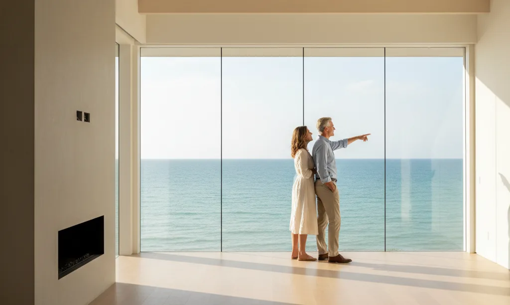 Couple joyfully looking out from new home.