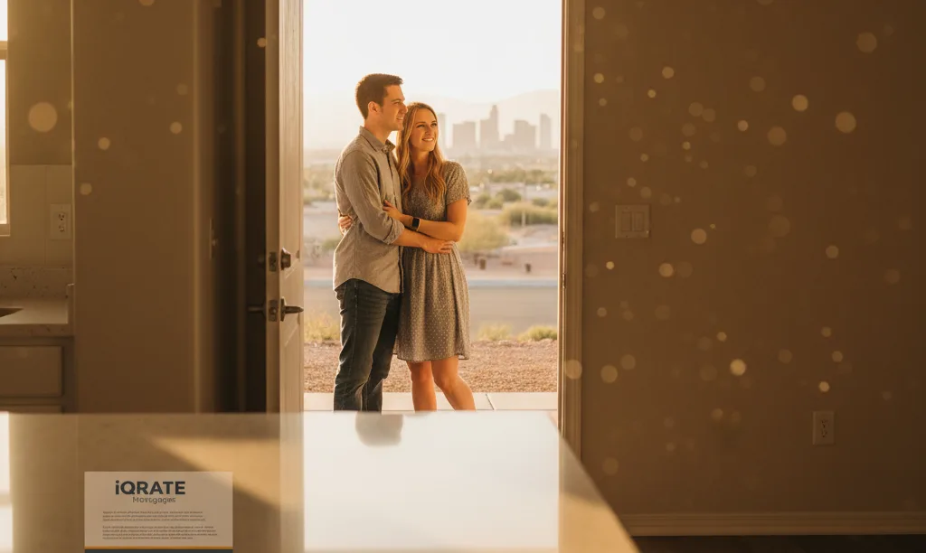 Couple in new Henderson home doorway at sunset.