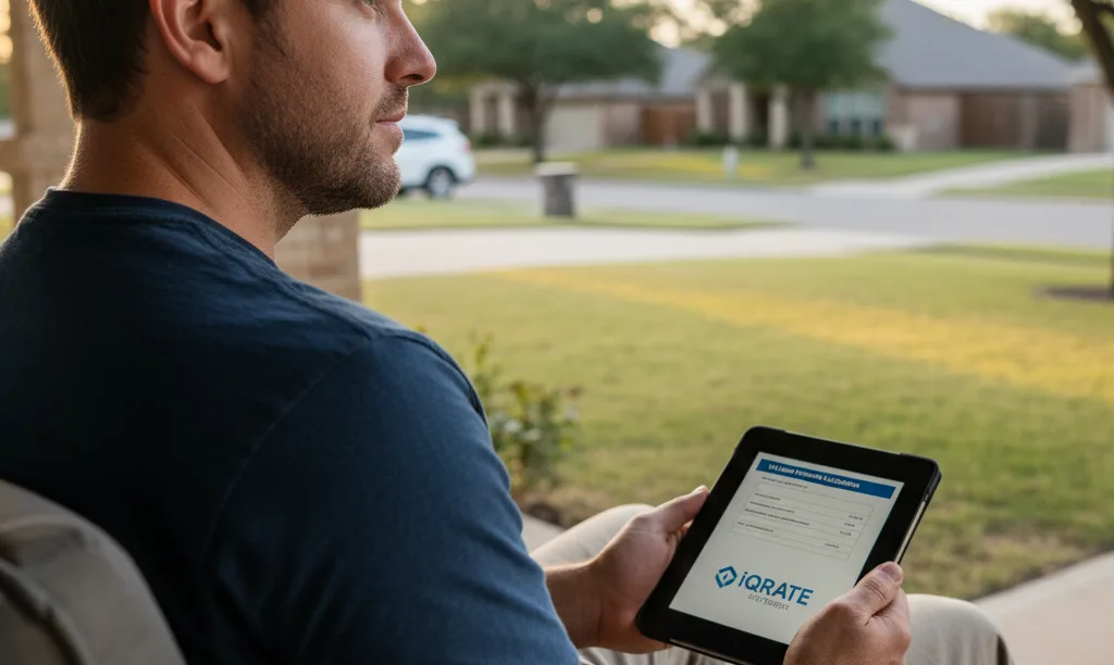Texas veteran calculating VA loan on tablet.