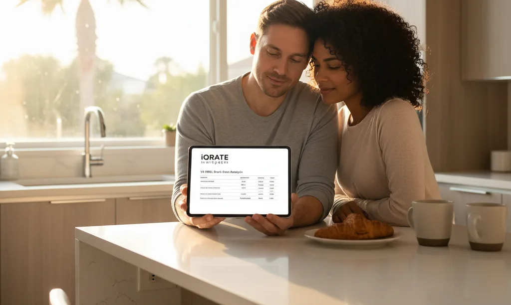 Couple confidently reviews iQRATE Mortgages VA loan details.