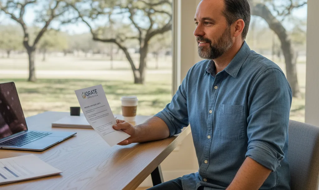 Self-employed homeowner reviews iQRATE Mortgages approval letter.