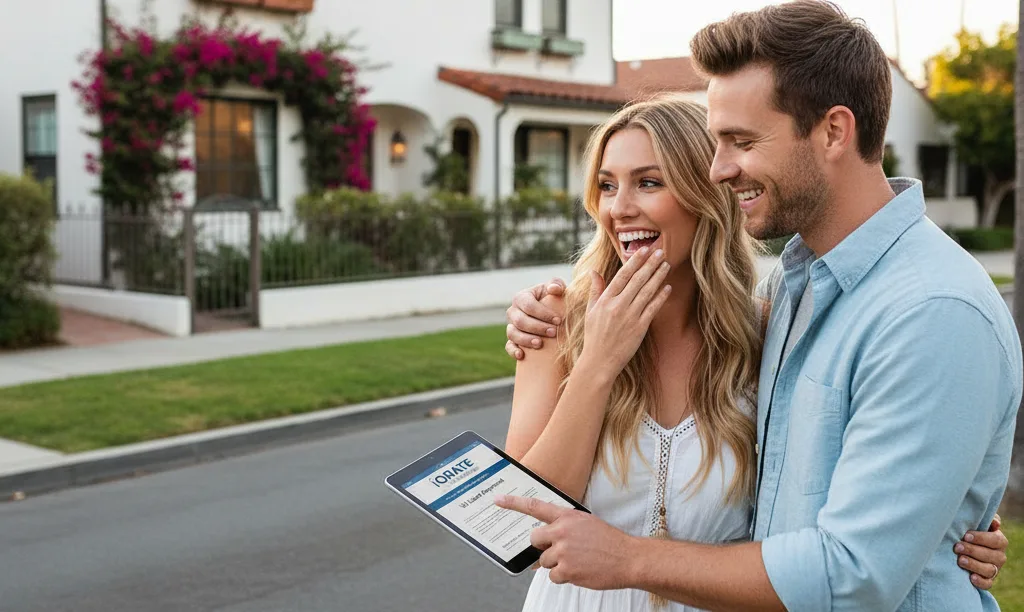 Couple with iQRATE Mortgages tablet views duplex.