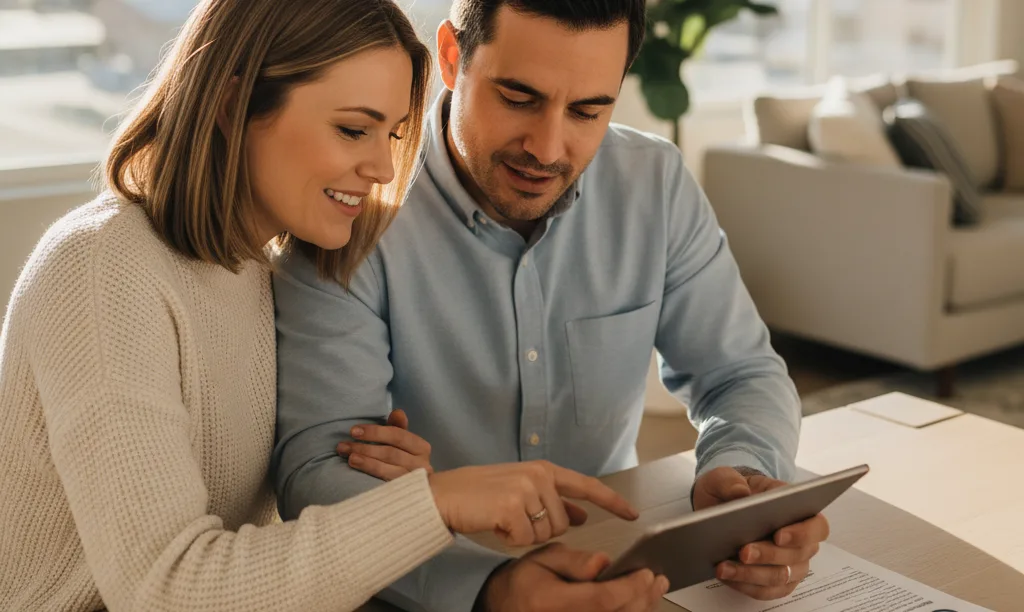 Couple feeling relieved reviewing iQRATE Mortgages information.