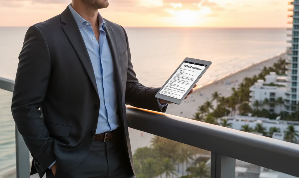 Man on Miami balcony reviews iQRATE Mortgages document.