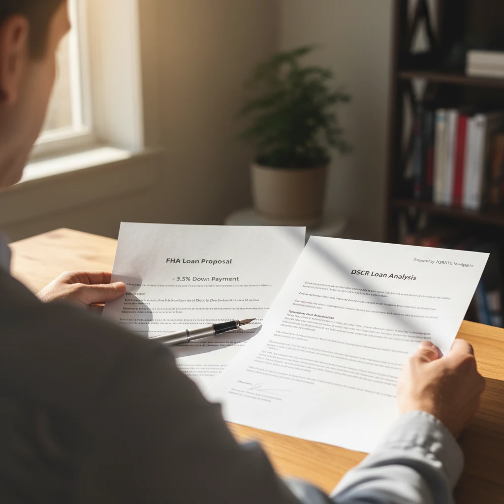 Comparing the down payment requirements for FHA and DSCR loans.