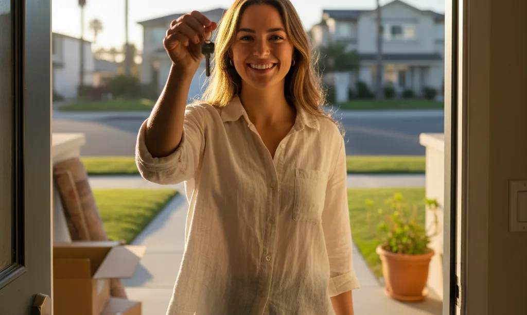 Spouse holding new house key in California.