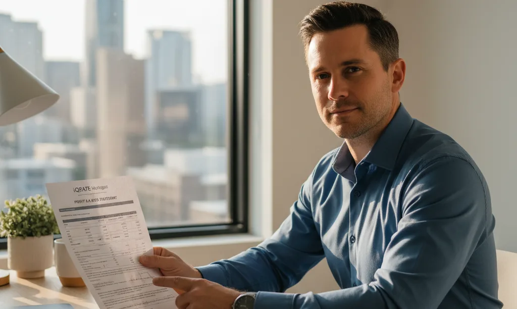 Self-employed person confidently reviewing iQRATE Mortgages documents.