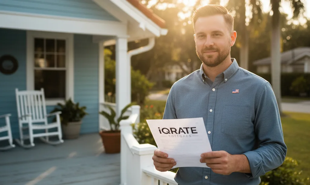Veteran reviewing iQRATE Mortgages document at Tampa rental.