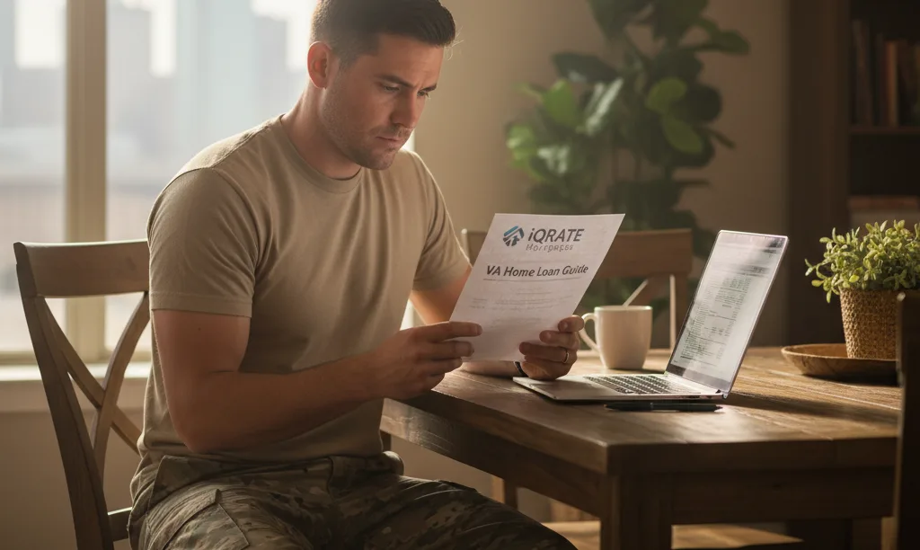 Texas Guard member reviewing iQRATE Mortgages VA loan guide.