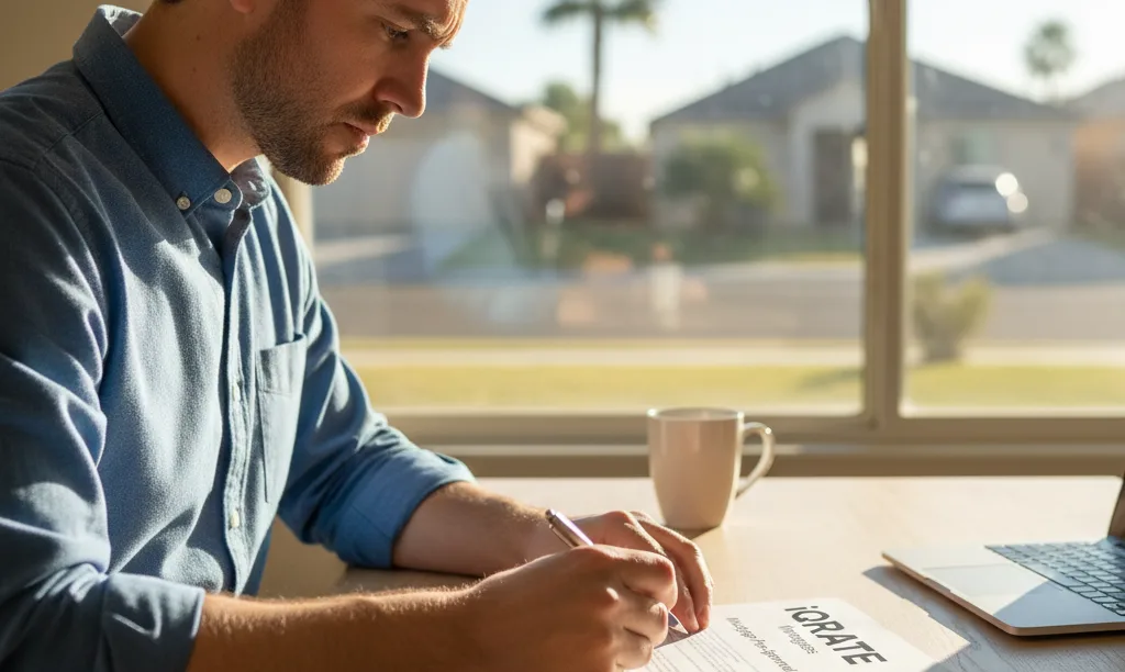 Man reviewing an iQRATE Mortgages document intently.