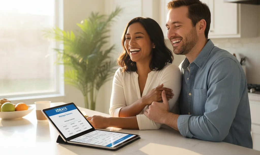 Happy couple reviewing iQRATE Mortgages document in Florida.