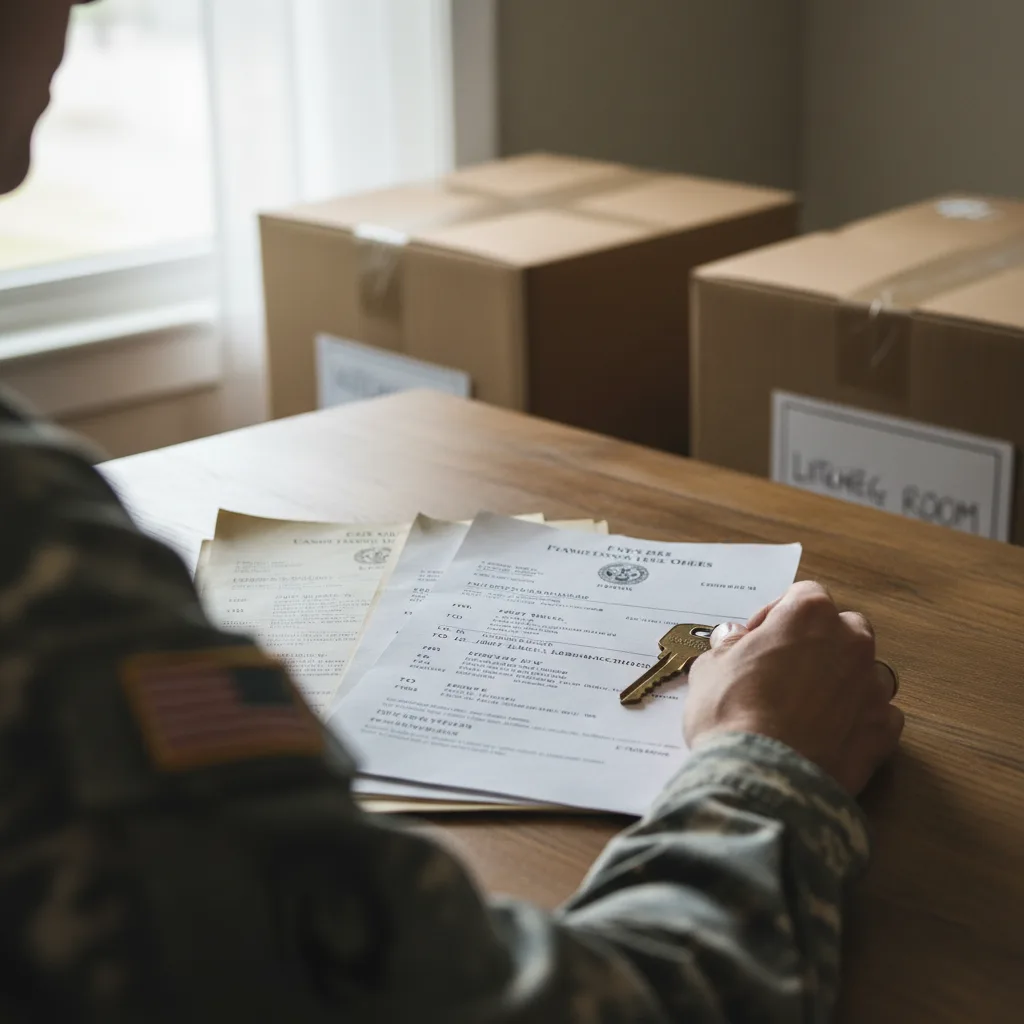Couple reviewing mortgage documents for a PCS move.
