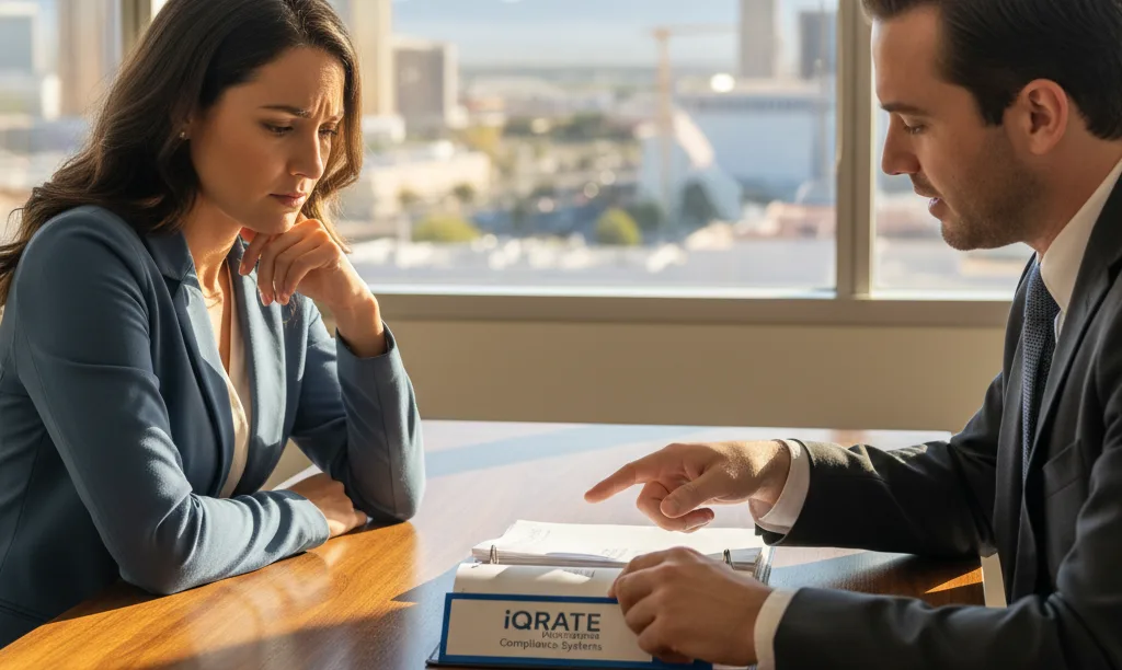 Realtor and lender discussing documents in Las Vegas.