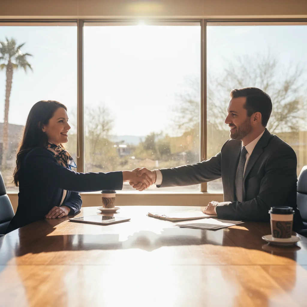 A realtor and lender discussing compliance documents.