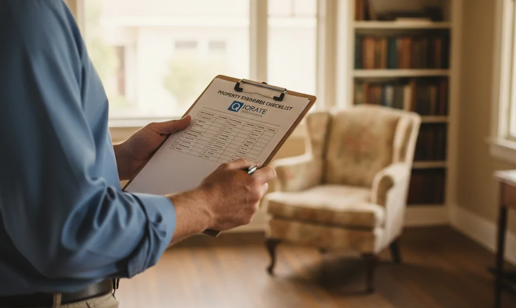 Appraiser with iQRATE Mortgages checklist in home.