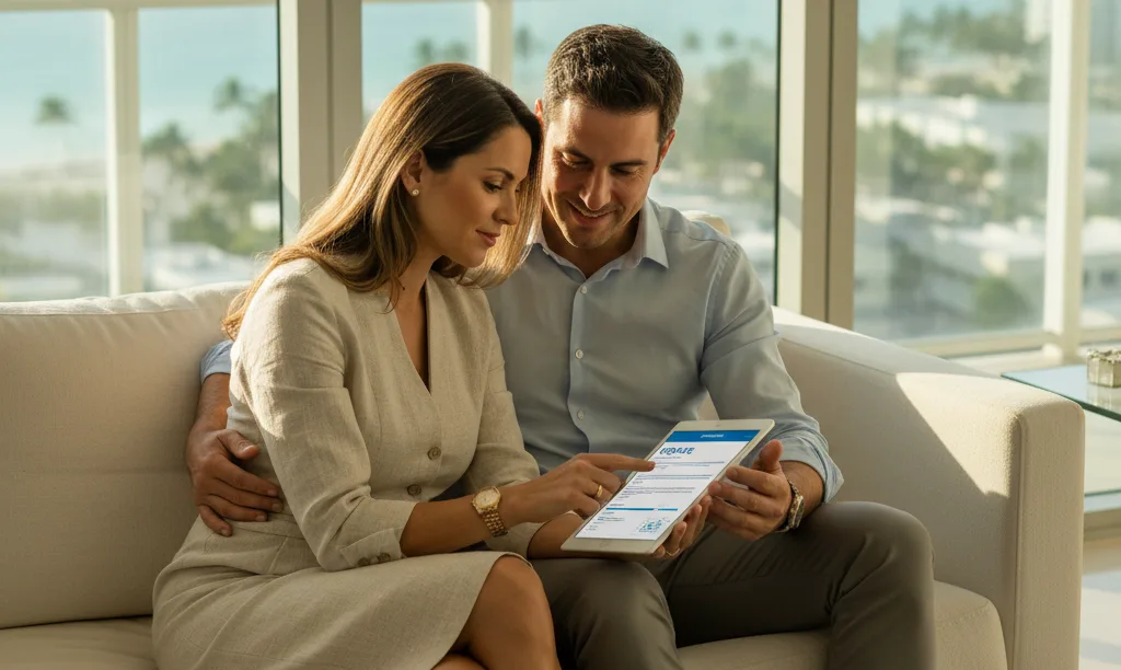 Couple reviews iQRATE Mortgages document in Miami.