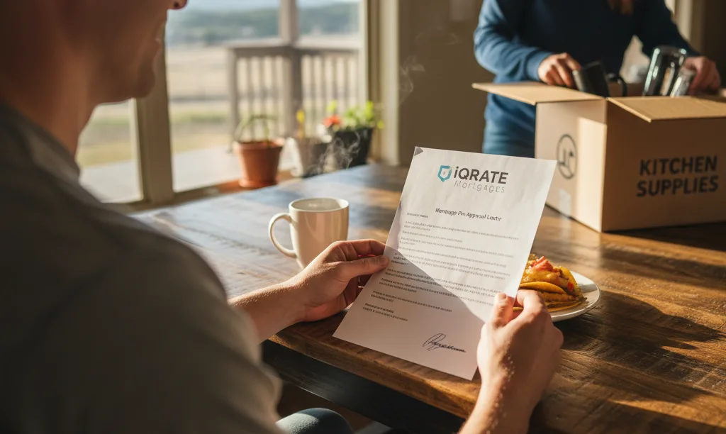 Military member reviewing iQRATE Mortgages VA loan letter.