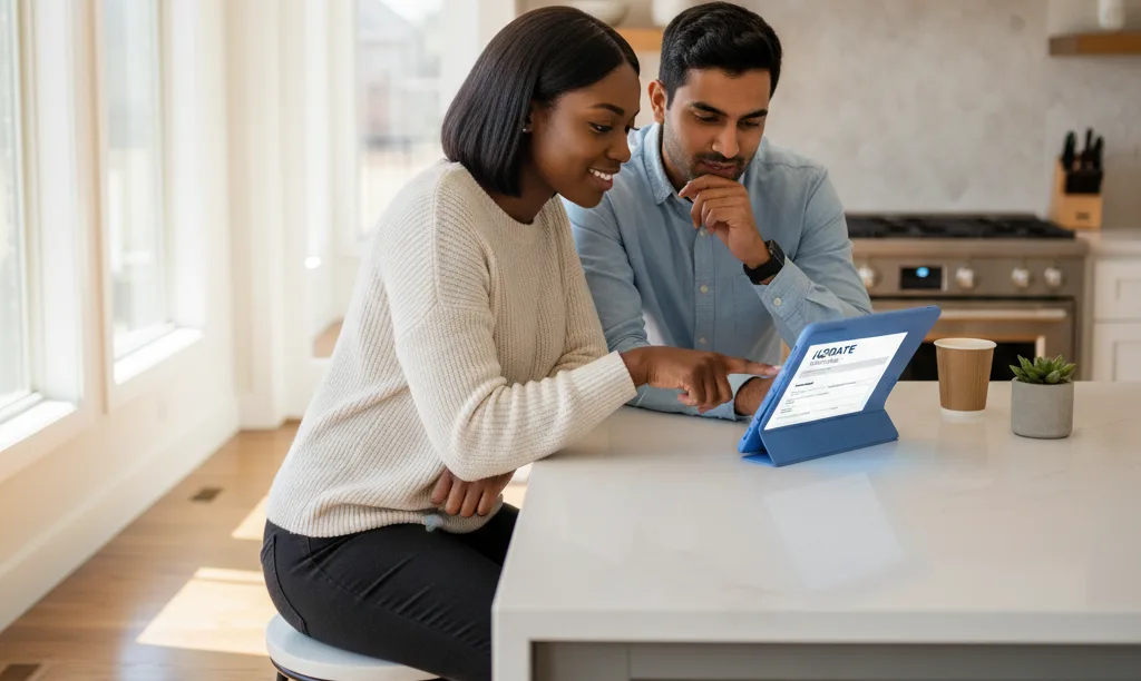 A couple confidently reviews iQRATE Mortgages documents.