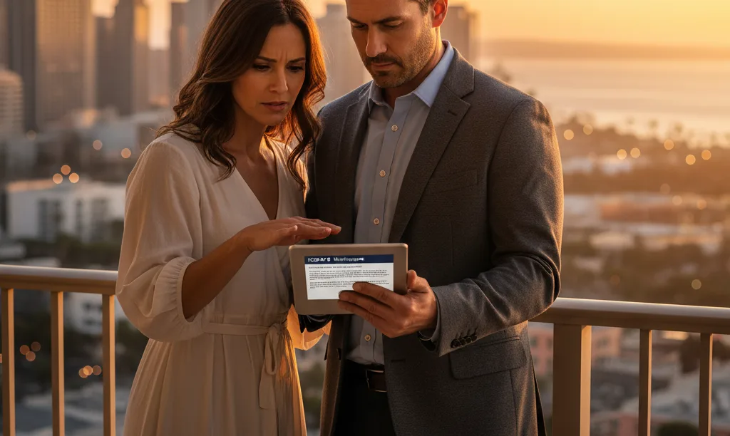 Couple on luxury condo balcony reviewing mortgage documents.