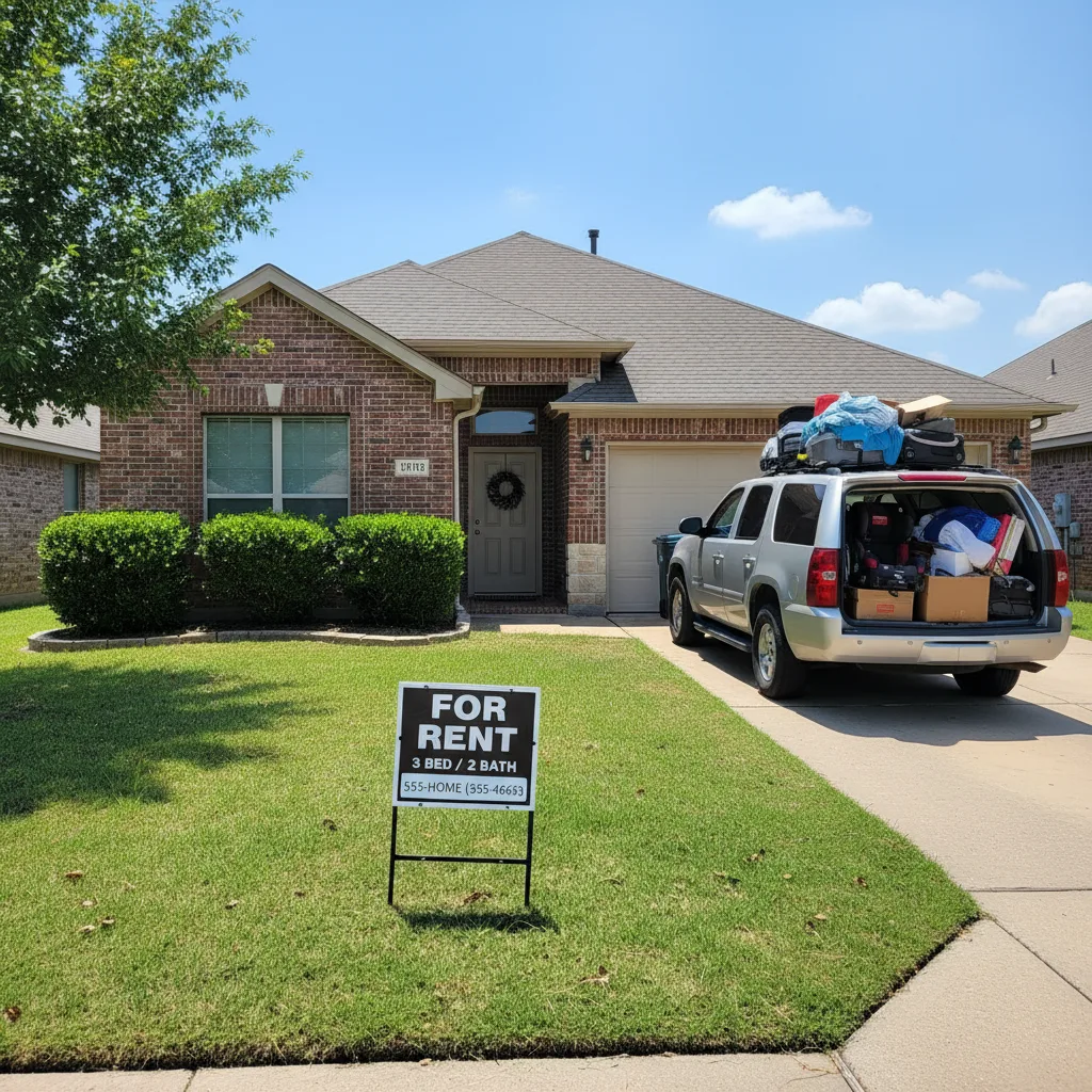 Military family standing in front of their new home after a permanent change of station.