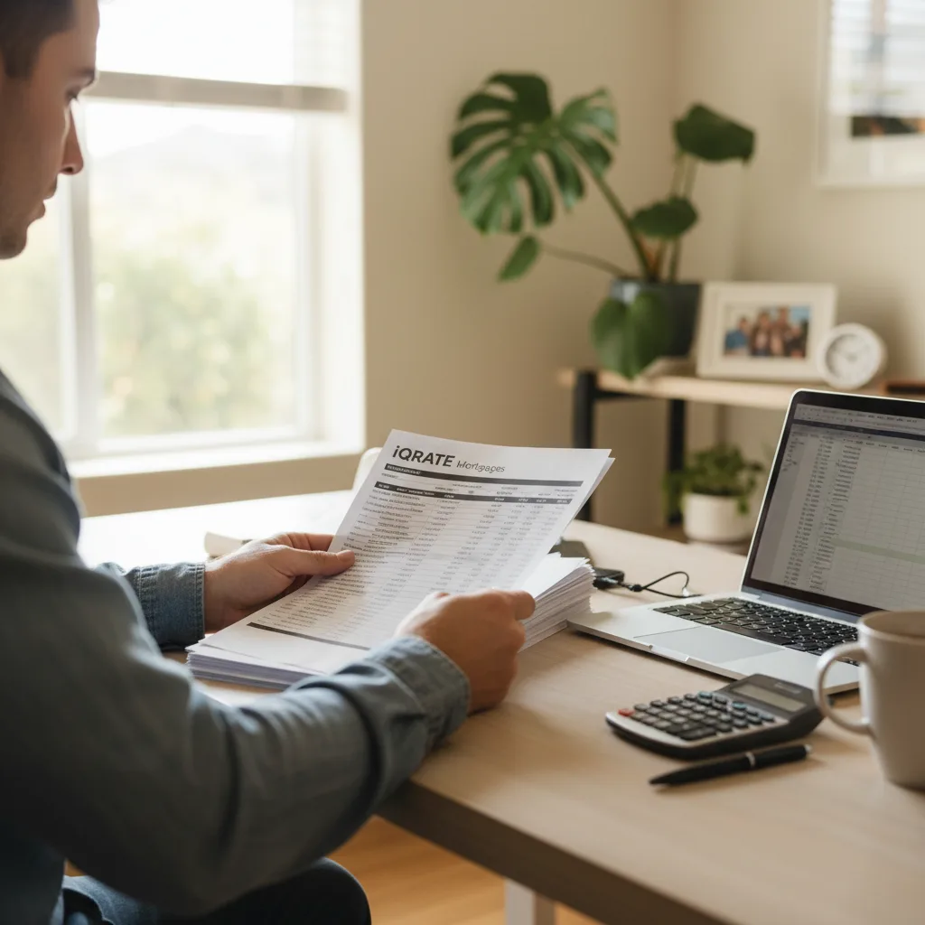 Close-up of business bank statements being organized for a loan application.