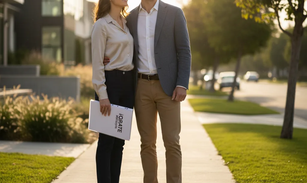 A professional couple reviews iQRATE Mortgages documents