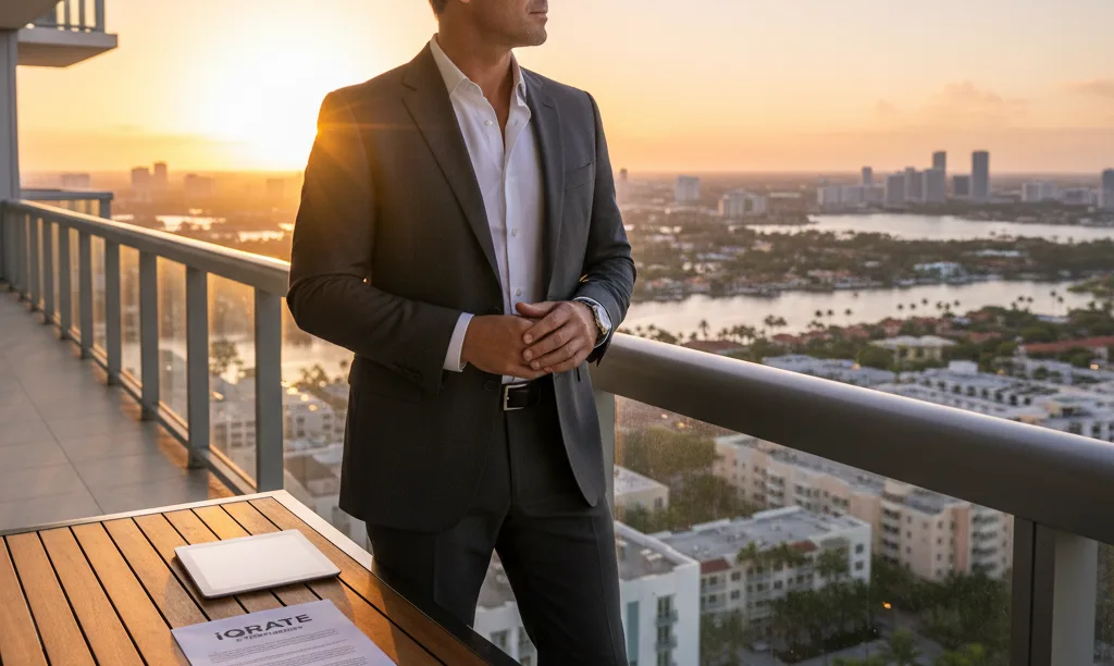 Investor on Miami balcony reviewing iQRATE Mortgages document.