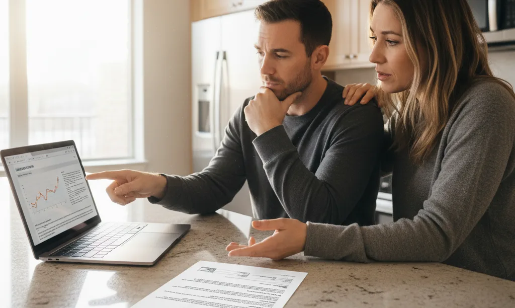 Couple discussing iQRATE Mortgages document with concern.