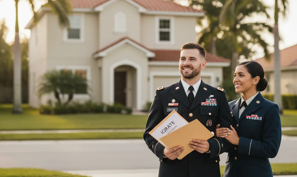 Military couple smiling at new Tampa home.