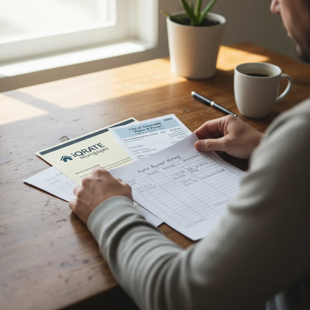 Organized financial documents and utility bills for a mortgage application.