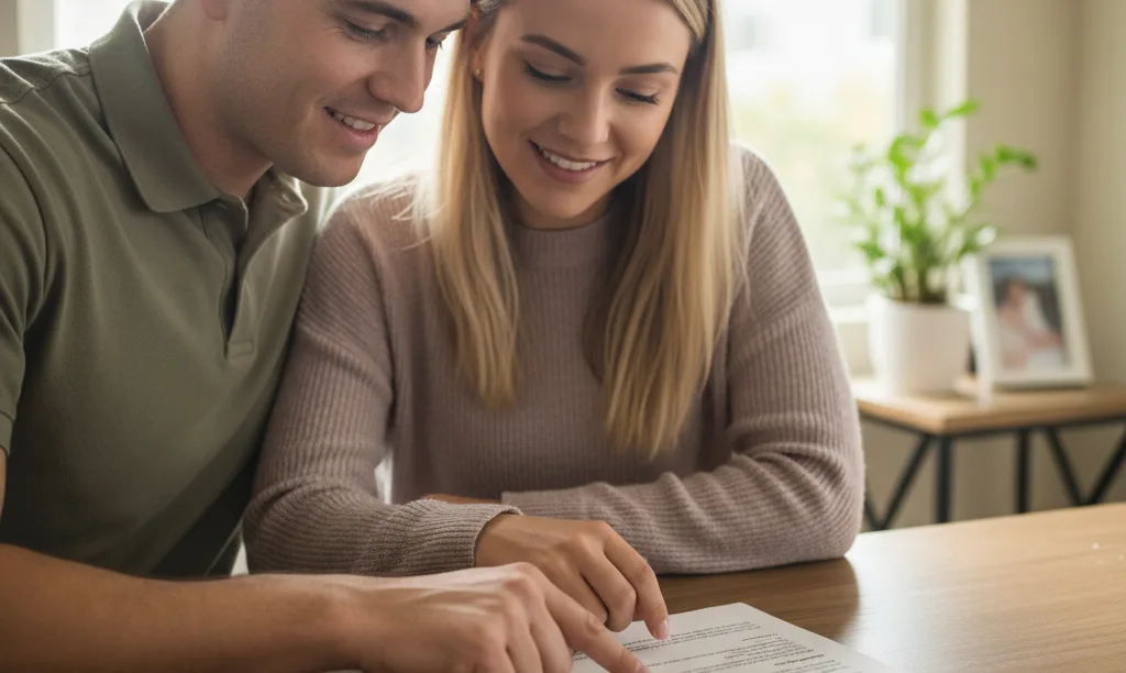 Military couple reviews iQRATE Mortgages documents in their sunny San Diego home.