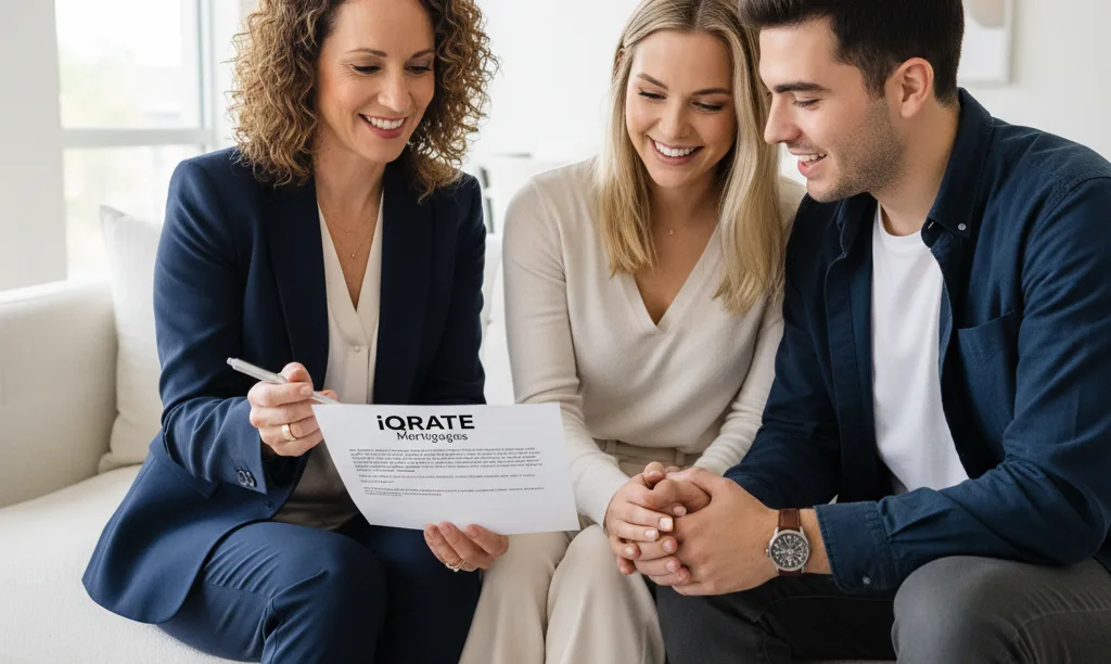 Agent showing clients an iQRATE Mortgages document.