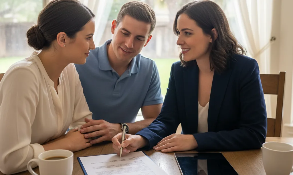 Couple reviewing VA home loan documents with expert.