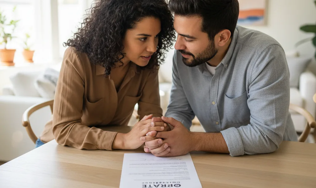 Couple discussing iQRATE Mortgages FHA loan document.