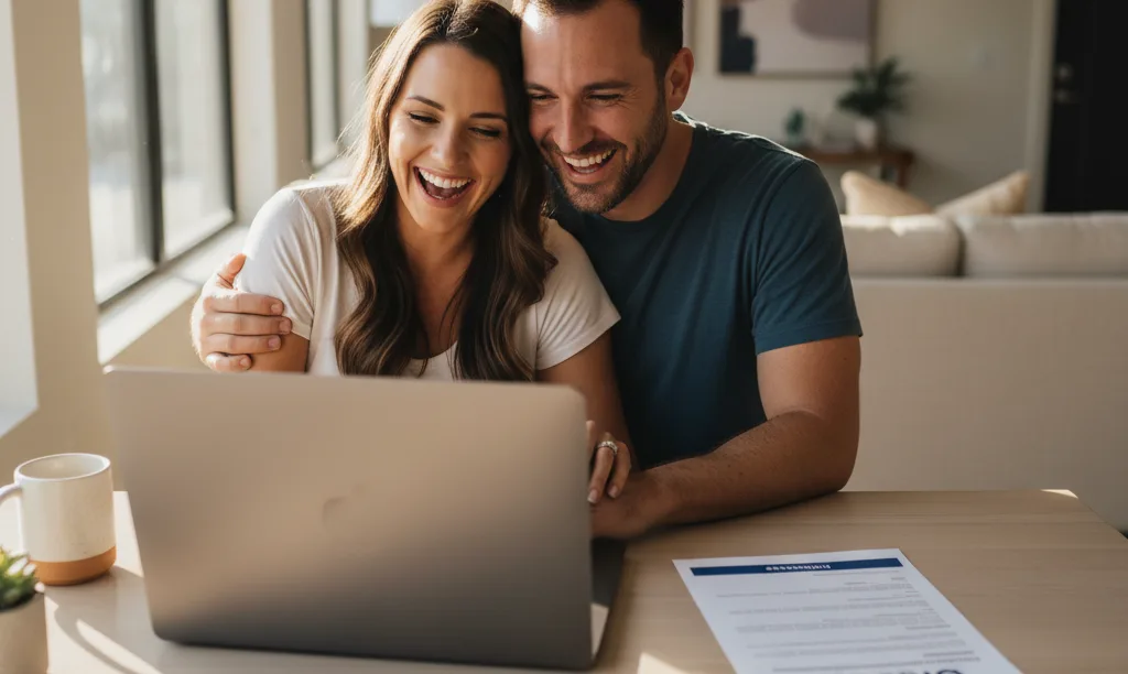 Relieved couple reviews mortgage options with iQRATE Mortgages.