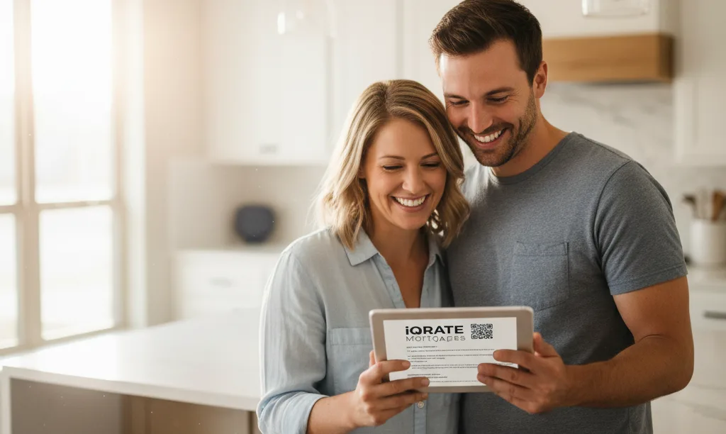 Couple happily reviewing iQRATE Mortgages document in new Texas home.