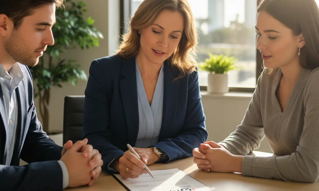 Mortgage advisor explaining documents to a young couple.