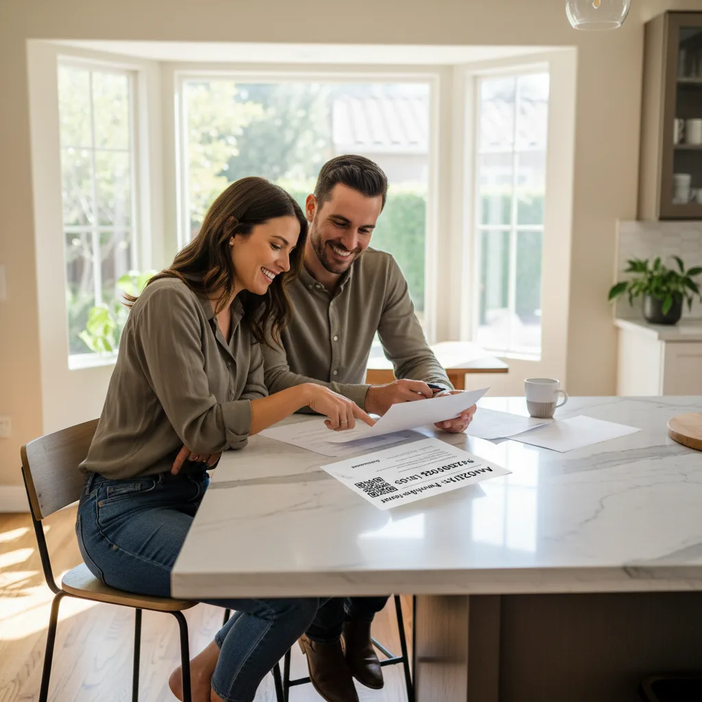 Homeowners reviewing their move-up potential on a tablet.