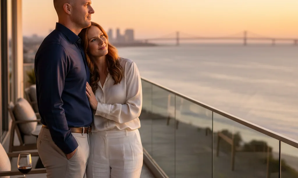 Couple on luxury Coronado home balcony at sunset.
