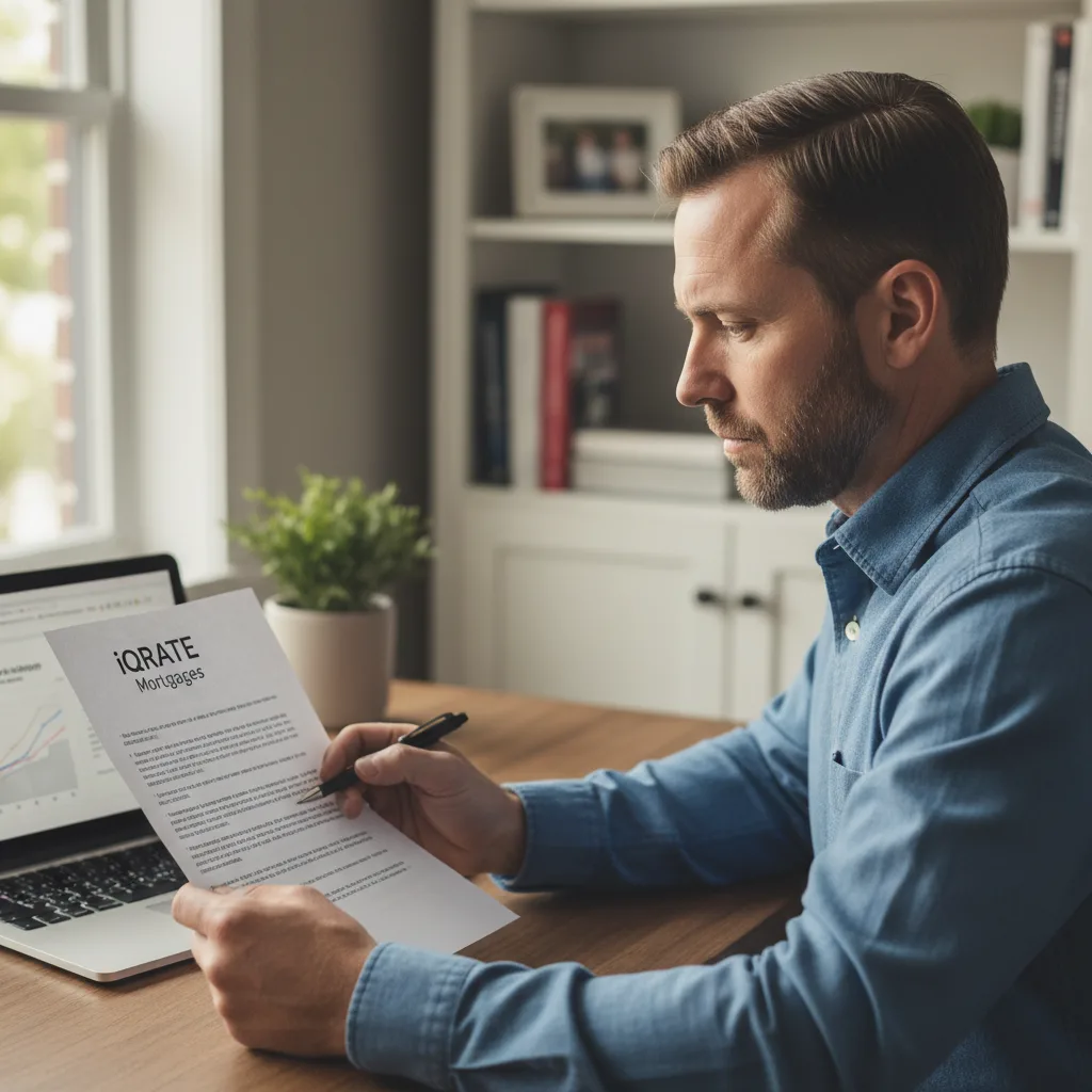 A veteran reviewing financial documents for a mortgage application.