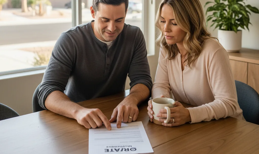 Couple reviewing iQRATE Mortgages document in Vegas home.