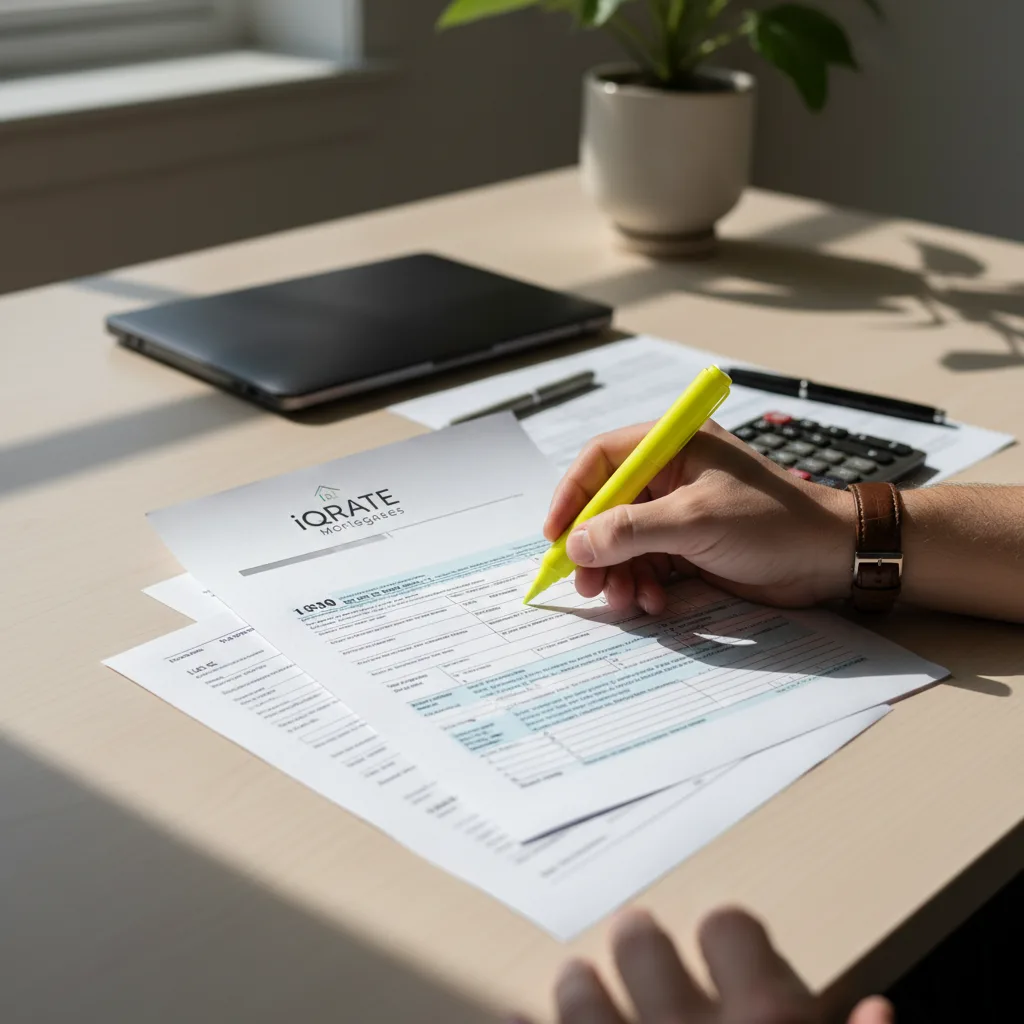 Financial documents and a calculator used for averaging mortgage income.