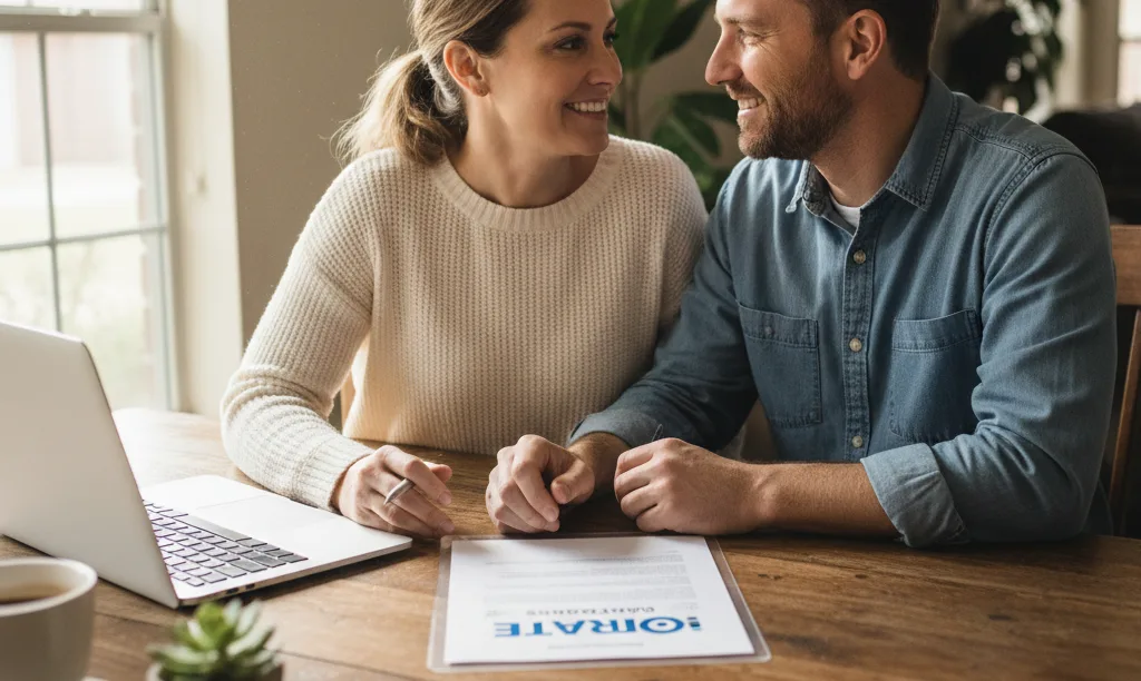 Veteran couple feeling hopeful reviewing iQRATE Mortgages document.