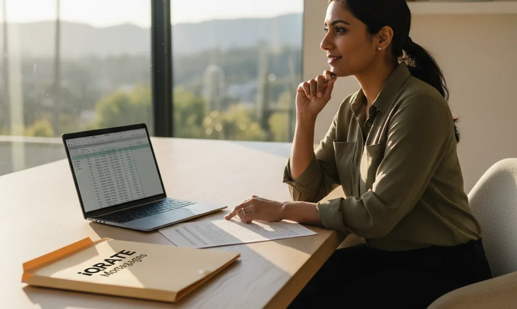 Tech professional reviewing stock documents for iQRATE Mortgages.
