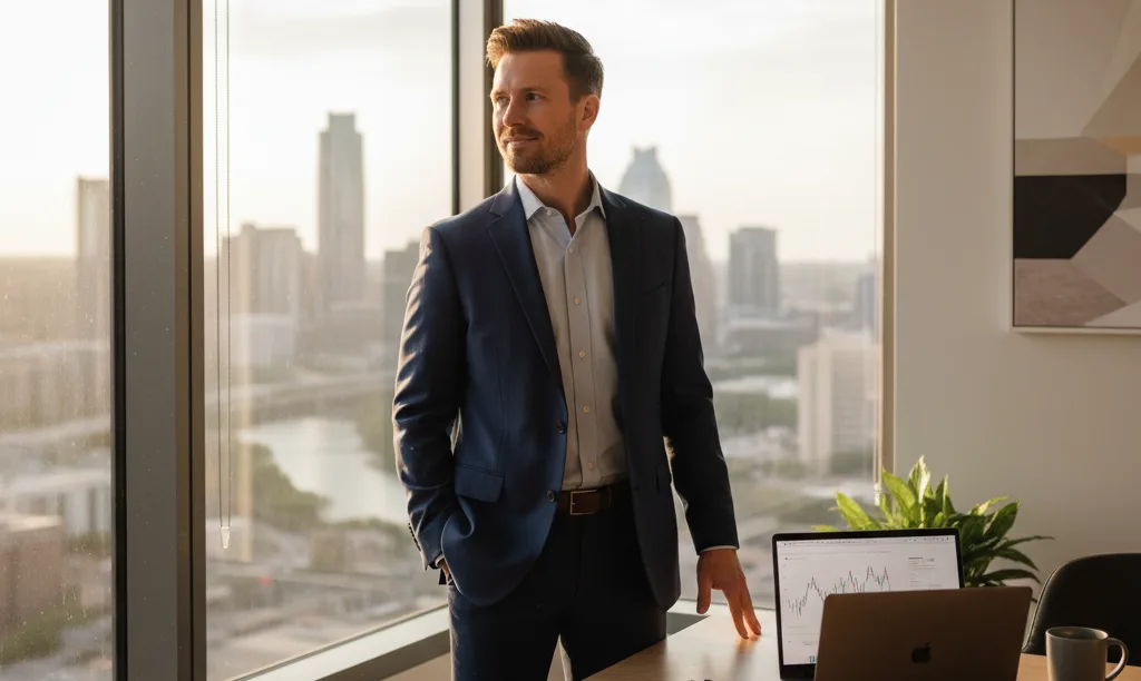 Mortgage team leader in sunny Texas office.