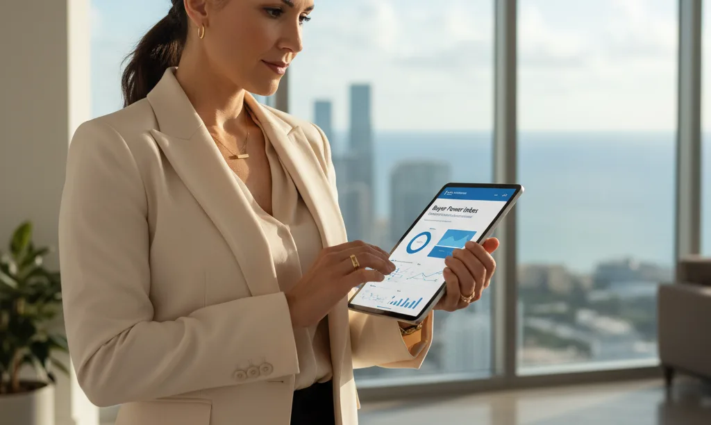 Confident realtor in Miami office using tablet.