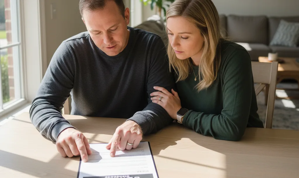 Veteran couple carefully reviewing iQRATE Mortgages VA IRRRL.