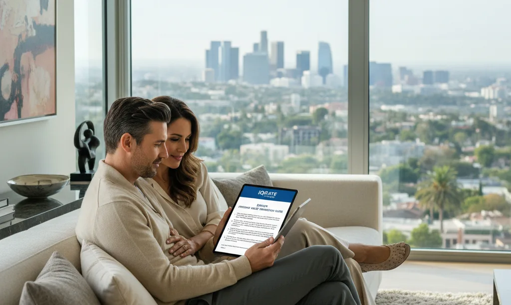 Couple reviewing jumbo loan documents in luxury home.