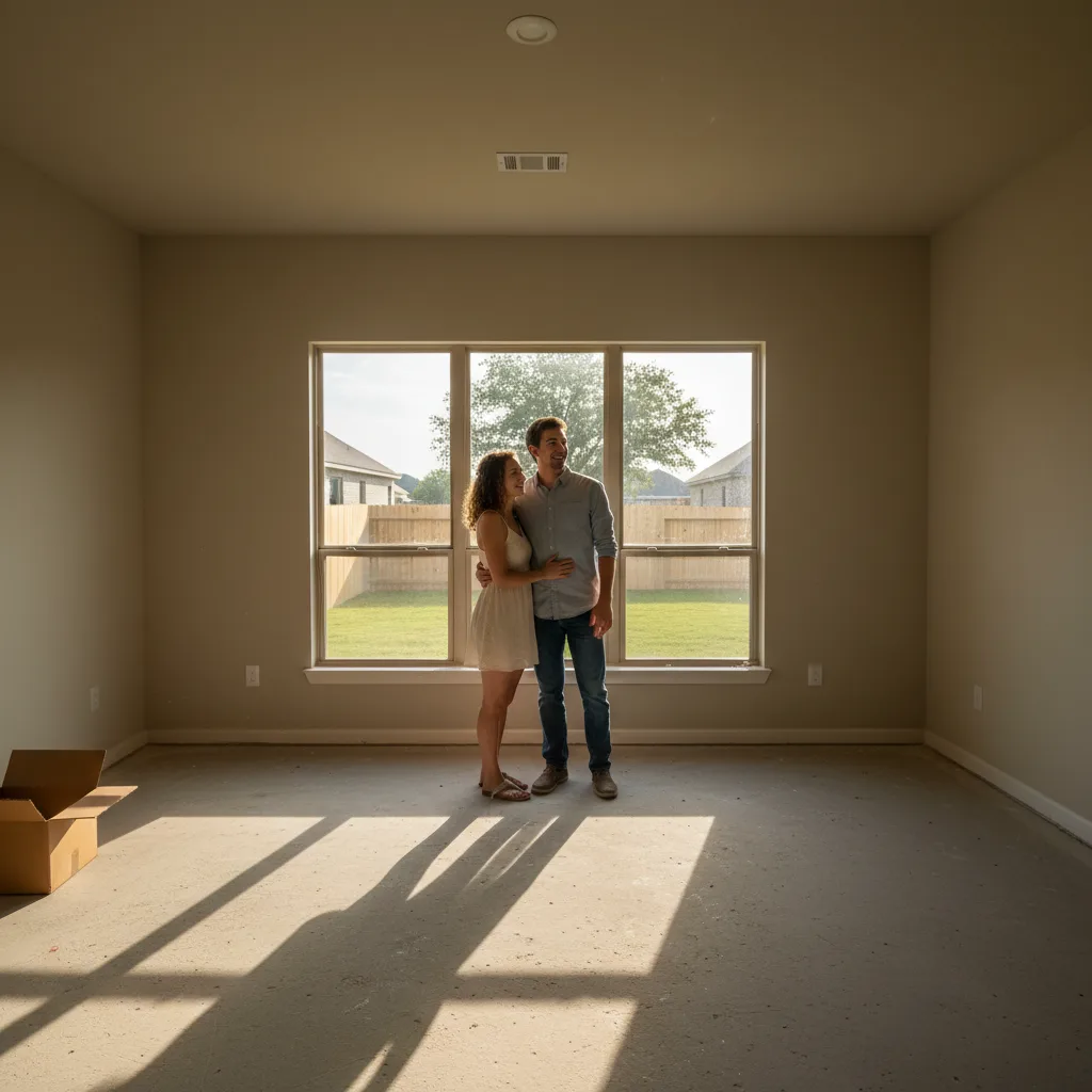 Veteran couple standing in front of their new home after restoring VA loan entitlement.