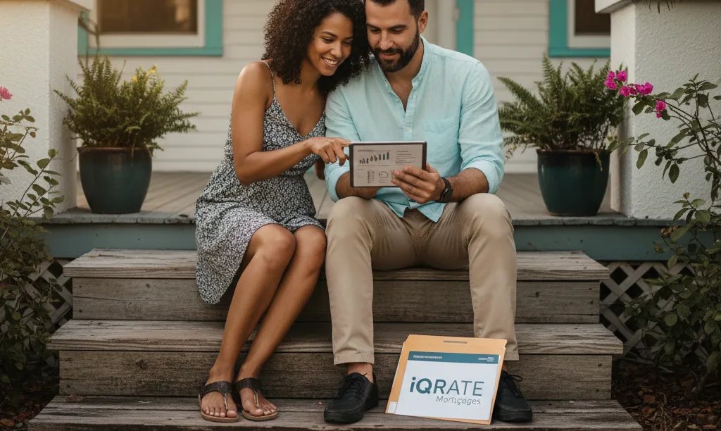 Couple on Florida porch reviewing mortgage options.